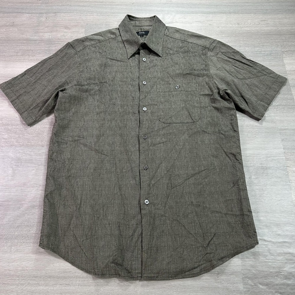 Zanella Shirt Mens Large Gray Textured Short Sleeve Button Front Made Italy